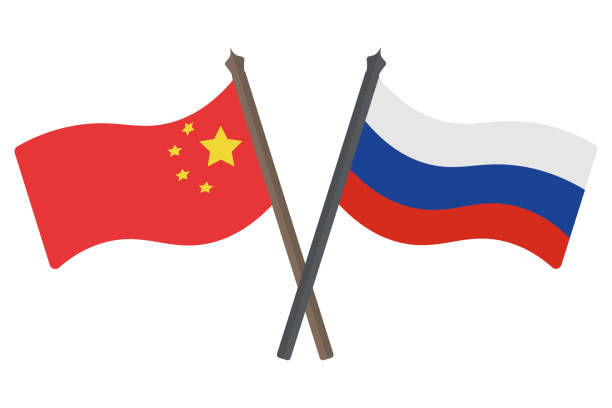Flag of Russia and China. Banner crossed among themselves. Color vector illustration. Symbols of the states. Political themes. Flat style Flag of Russia and China. Banner crossed among themselves. Color vector illustration. Symbols of the states. Political themes. Flat style. National sign. Isolated background. Idea for web design. strategic themes stock illustrations