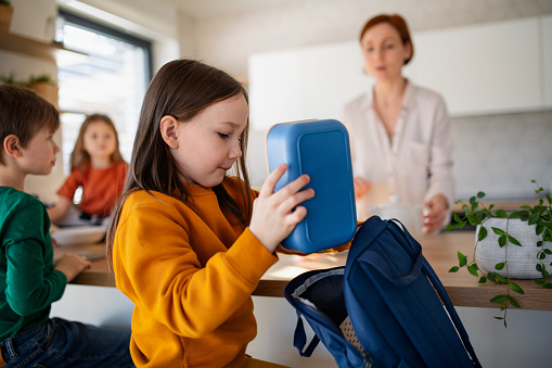 istock Little girl packing lunch box to backpack in kitchen at home. 1381150478