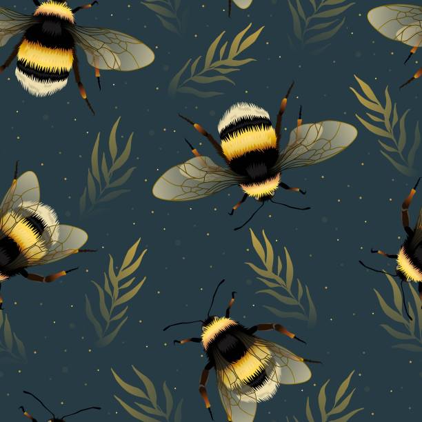 Seamless vector repeat green pattern with bumblebee and leaves. Design for card, fabric, print, greeting, cloth, poster, clothes, textile. how to draw a bumble bee drawing stock illustrations