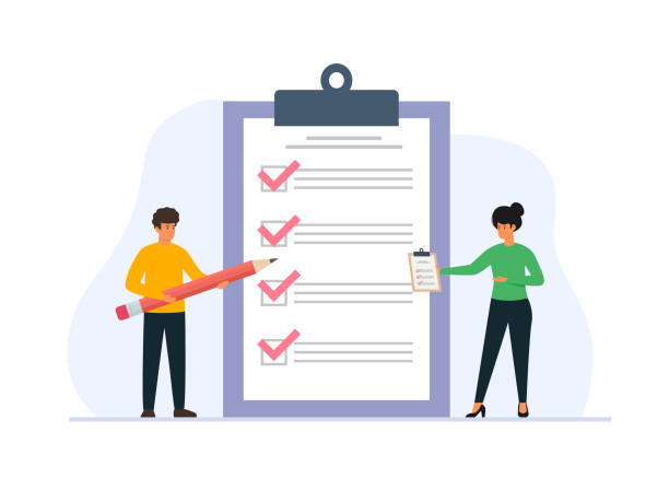 ilustrações de stock, clip art, desenhos animados e ícones de completed checklist on clipboard. successful completion of business tasks and goals achievements. - inventário