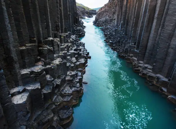 Awesome basalt Studlagil Canyon in Iceland. Aerial view