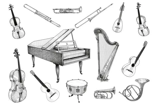 Vector illustration of Vector drawings of various musical instruments: violin, trombone, trumpet, lute, piano, harp, cello, guitar, drum, french horn