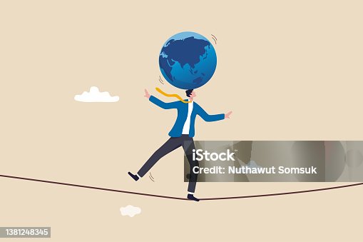 istock Geopolitical risk, world leader conflict, war and invasion danger causing economic and investment risk, nuclear war tension concept, businessman leader acrobat try to balance world globe on his head. 1381248345