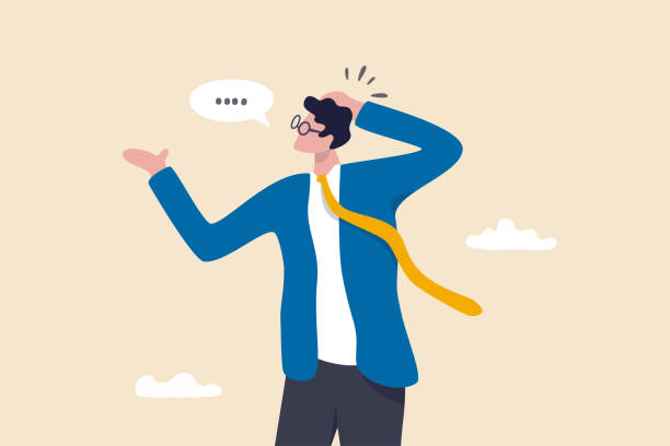 ilustraciones, imágenes clip art, dibujos animados e iconos de stock de momento incómodo, conversación de vergüenza, nervioso y despistado en el trabajo, momento aburrido o no puede responder al concepto de pregunta, incómodo confundido y encogido de hombros hombre de negocios con burbuja de habla impotente. - azoramiento