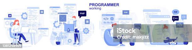 Programmer Working Isolated Set In Flat Design People Programming ...