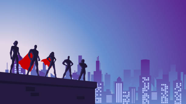 vector superhero team in einer stadt bei nacht stock illustration - superheld stock-grafiken, -clipart, -cartoons und -symbole
