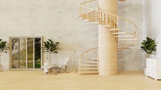 tło czystego i ciepłego salonu ze spiralnymi schodami, rendering 3d - loft apartment window indoors domestic room zdjęcia i obrazy z banku zdjęć