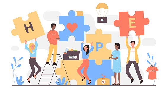 Charity process, social organization. Team of tiny volunteers holding puzzle pieces with hearts and help word in hands, people connect jigsaw flat vector illustration. Love, tolerance, hope concept
