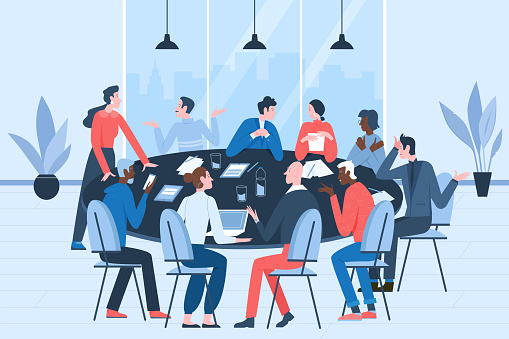 Cooperation of business people on conference or dispute, employees sitting at round table