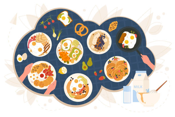 주방 테이블에 영어 아침 식사, 아침 음식, 튀긴 계란을 요리 하는 손의 최고 보기 - waffle sausage breakfast food stock illustrations