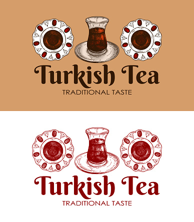 Sketch hand drawn symbol of Turkish tea. Outline drawing cup of black tea. Traditional arabic hot drink in tulip shape mug. Vintage background for Istanbul cafe. Turkish beverage. Vector illustration.