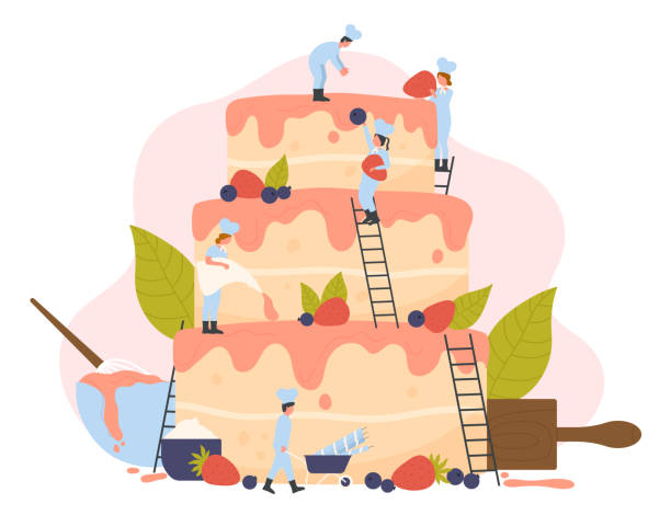 ilustrações de stock, clip art, desenhos animados e ícones de cooking cake for holiday, birthday party, team of tiny pastry chefs standing on ladders - characters cooking chef bakery