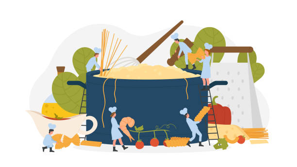 Pasta cooking recipes, team of tiny chefs standing near huge pan with cooked spaghetti Pasta recipes. Team of tiny chefs standing near huge pan with cooked spaghetti, persons holding shrimp and vegetables to cook traditional Italian dish on dinner in restaurant flat vector illustration large pasta pot stock illustrations
