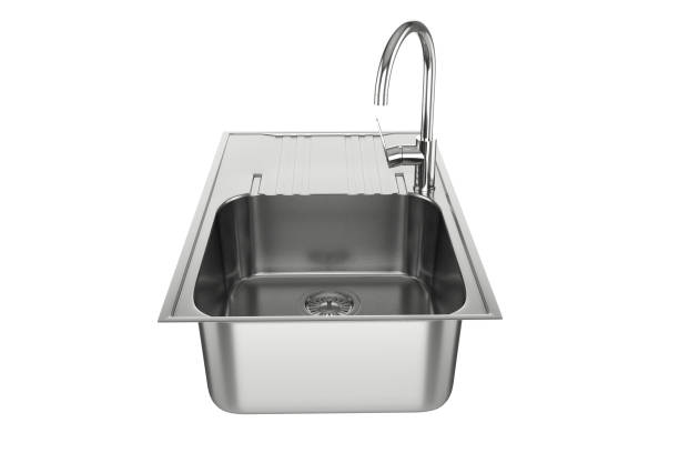 stainless steel kitchen sink with faucet on white background. kitchen sink with faucet shiny top view. kitchen faucet on rectangular insulated sink. 3d illustration. - domestic kitchen kitchen sink contemporary counter top imagens e fotografias de stock