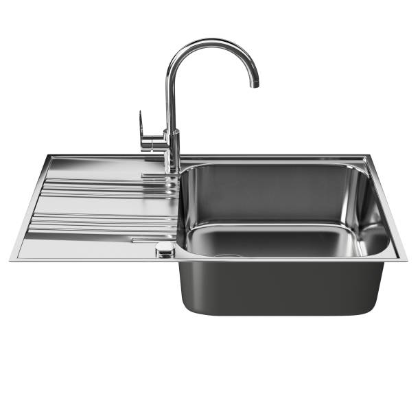 stainless steel kitchen sink with faucet on white background. kitchen sink with faucet shiny top view. kitchen faucet on rectangular insulated sink. 3d illustration. - domestic kitchen kitchen sink contemporary counter top imagens e fotografias de stock