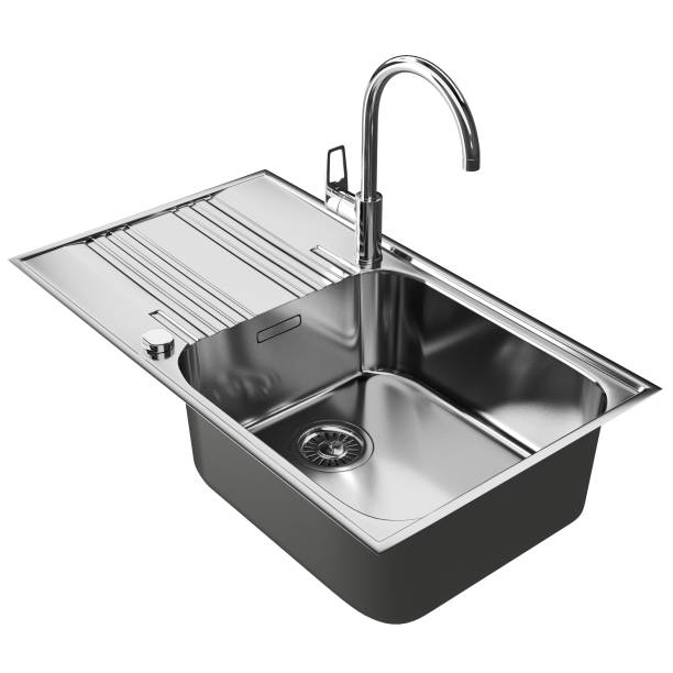 stainless steel kitchen sink with faucet on white background. kitchen sink with faucet shiny top view. kitchen faucet on rectangular insulated sink. 3d illustration. - domestic kitchen kitchen sink contemporary counter top imagens e fotografias de stock