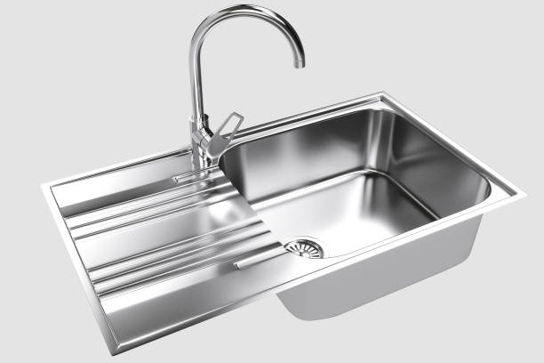 stainless steel kitchen sink with faucet on white background. kitchen sink with faucet shiny top view. kitchen faucet on rectangular insulated sink. 3d illustration. - domestic kitchen kitchen sink contemporary counter top imagens e fotografias de stock