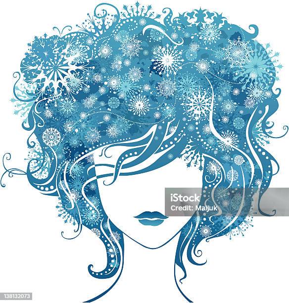 Абстрактный Девушка С Снежинок В Волосах — стоковая векторная графика и другие изображения на тему Женщины - Женщины, Силуэт, Кривая