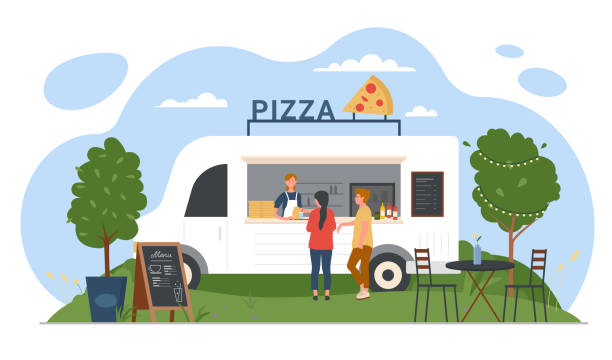 bildbanksillustrationer, clip art samt tecknat material och ikoner med pizza food truck and people, cafe van with vendor on street market or festival in park - illustrationer med truck