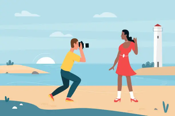 Vector illustration of Photoshoot of man and woman tourists on summer sea beach, photographer with camera