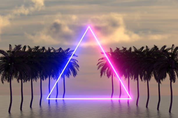istock Neon lighting glowing shape and palm tree on sea 1381339401