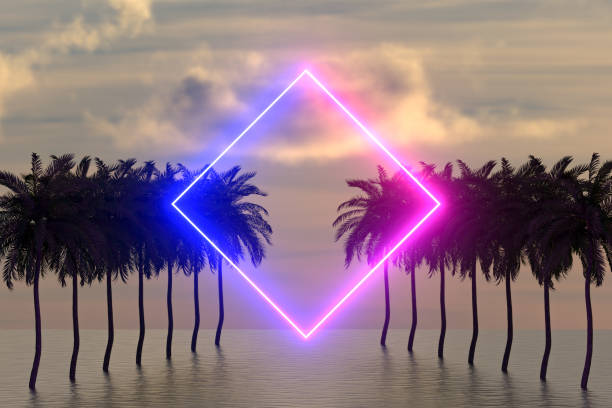 istock Neon lighting glowing shape and palm tree on sea 1381340492