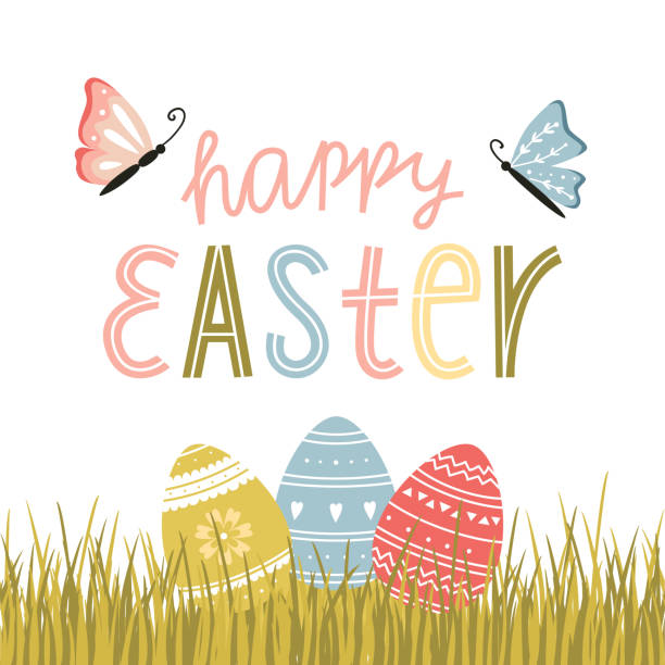 bildbanksillustrationer, clip art samt tecknat material och ikoner med easter greeting card with easter eggs with a hand-drawn pattern, butterflies and a hand-written phrase - happy easter. eggs lying in the grass. color cartoon vector illustration on a white background - easter egg