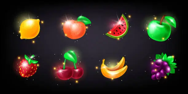 Photo of Casino slot fruit icon kit, strawberry, vector gambling machine badge set, glossy fresh apple, cherry.