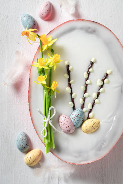 istock Sweet Easter cake on blue wooden background 1381352300