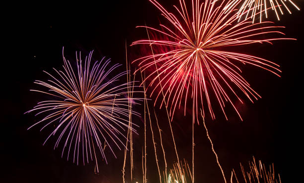 istock Fireworks Light Up the Sky. Beautiful New Year Fireworks. Dark Sky. Explosion. Abstract Colored Firework Background 1381376193