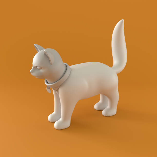 A White Cat Figurine in Flat Color in Orange Background, 3d Rendering