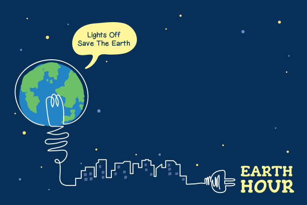 Earth Hour -  Light bulb with power plug and cityscape continuous line drawing. Earth Hour copy space. Light bulb with power plug and cityscape continuous line art drawing. Abstract minimal eco energy saving concept art. Lights off 60 minutes, save the Earth. Vector illustration. power cable illustrations stock illustrations