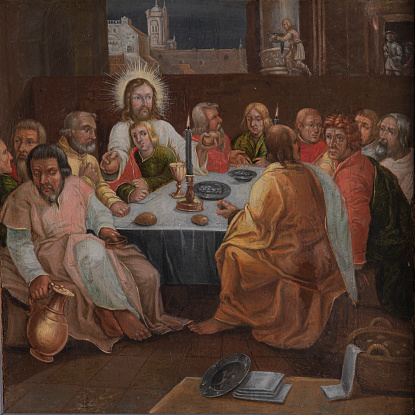 altarpiece from 1625 by an unknown artist depicting the last supper with Jesus and his diciples sitting around a table, Orslev, Denmark, August 9, 2021