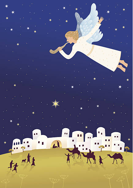 Birth of Messiah Angel flying upon Bethlehem, blowing the shofar, announcing the good news. bethlehem star stock illustrations