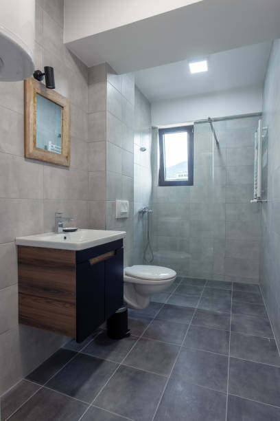 istock modern toilet interior with glass shower 1381468287