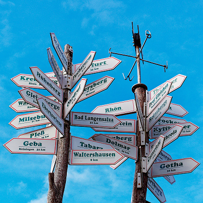 direction signpost with distance to many different cities in thuringia, germany