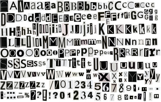 Newspaper, magazine alphabet with letters, numbers and symbols. Isolated on white background. 