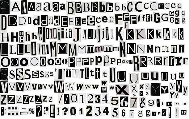 Newspaper clippings alphabet Newspaper, magazine alphabet with letters, numbers and symbols. Isolated on white background.  letterpress photos stock pictures, royalty-free photos & images