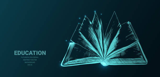 istock Futuristic illustration with hologram neon open book sketch, concept glowing icon sign on dark background. Vector digital art, technology, education, school, reading, writer, information concept. 1381476535