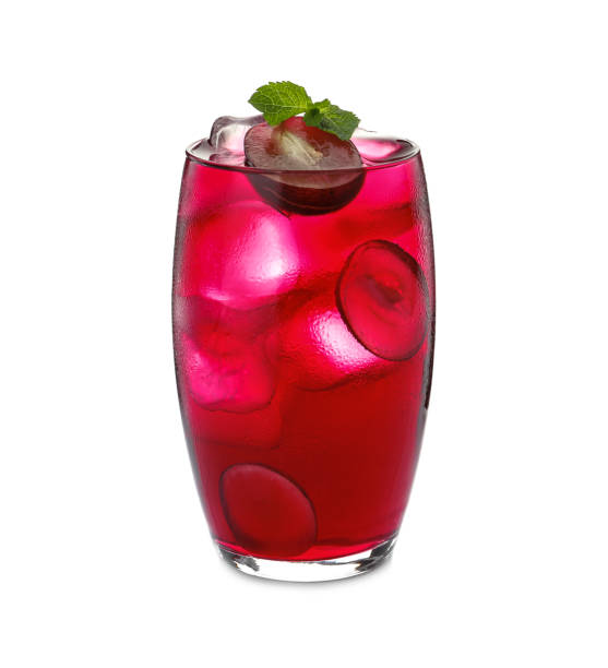 istock Delicious grape soda water isolated on white. Refreshing drink 1381487121