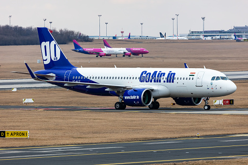 Budapest, Hungary - March 5, 2022: Go First GoAir Airbus A320 NEO passenger plane and aircraft at Budapest Airport. Evacuation special flight for indian citizens because the Ukraine-Russian war.