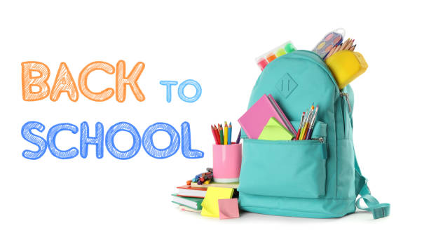 istock Text Back To School and backpack with different stationery on white background 1381498254