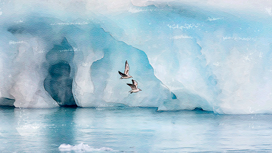 White birds flying among the blue ice, watercolour style