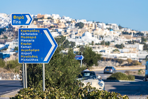 Road Sign to Firá on Santorini in South Aegean Islands, Greece
