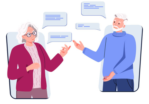 An elderly woman and an elderly man communicate using a video call on a smartphone. Parents. Senior couple talking, chatting, messaging, gossip on social media. An elderly woman and an elderly man communicate using a video call on a smartphone. Parents. Senior couple talking, chatting, messaging, gossip on social media. Flat vector illustration old ladies gossiping stock illustrations