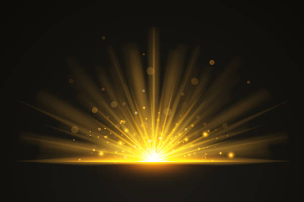 istock Horizontal golden flare light effects on dark background. Lens flares, rays, stars and sparkles with bokeh collection. Transparent light effect 1381547190