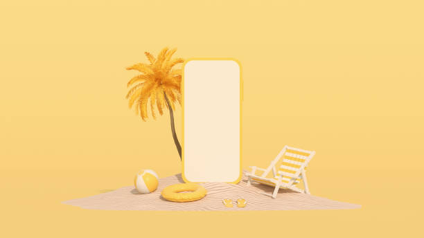 istock Blank screen mobile smart phone summer beach holiday travel background on sand 1381557379