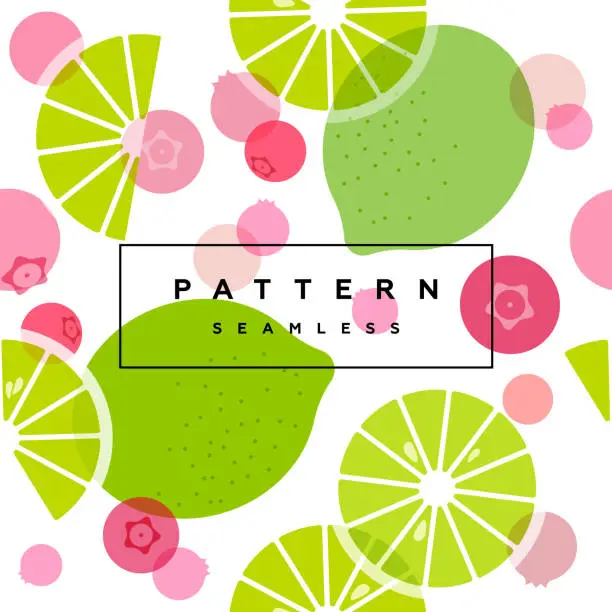 Vector illustration of Lime and cranberry/lingonberry seamless pattern. Transparent fruits, berries and frame with text is on separate layer.