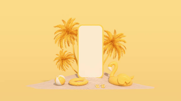 istock Blank screen mobile smart phone summer beach holiday travel background on sand 1381557919
