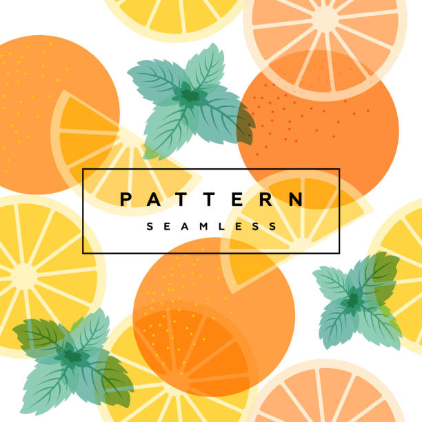 Orange and mint leaves seamless pattern. Transparent fruits, leaves and frame with text is on separate layer. Seamless pattern can use for label,  packaging,  wallpaper,  textile,  wrapping paper. citrus stock illustrations